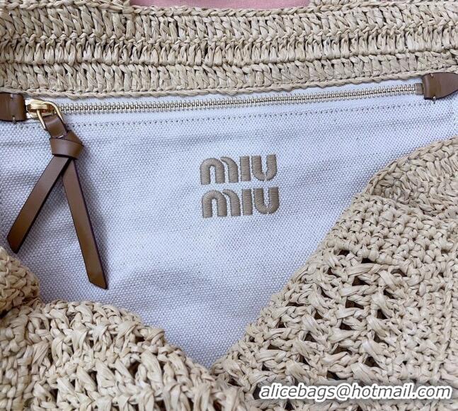 Luxury Discount Miu Miu Woven fabric Tote bag 5BG230 Beige/Brown 2024