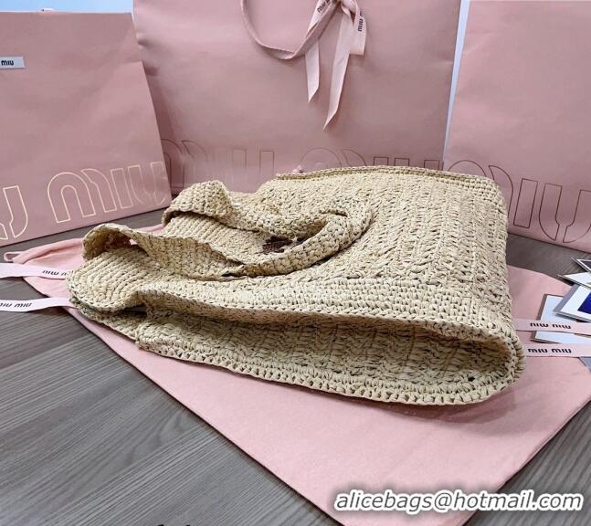 Luxury Discount Miu Miu Woven fabric Tote bag 5BG230 Beige/Brown 2024