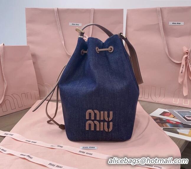 Pretty Style Miu Miu Denim and leather bucket bag 5BE089 Blue 2024