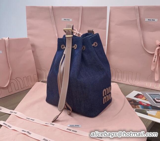 Pretty Style Miu Miu Denim and leather bucket bag 5BE089 Blue 2024