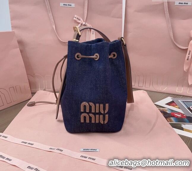 Grade Sophisticated Miu Miu Denim and Leather bucket bag 5BE090 Blue 2024