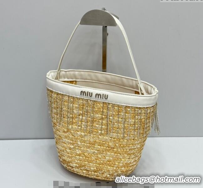 Most Popular Miu Miu Straw Basket bag with Strass Tasel 8038 Beige 2024