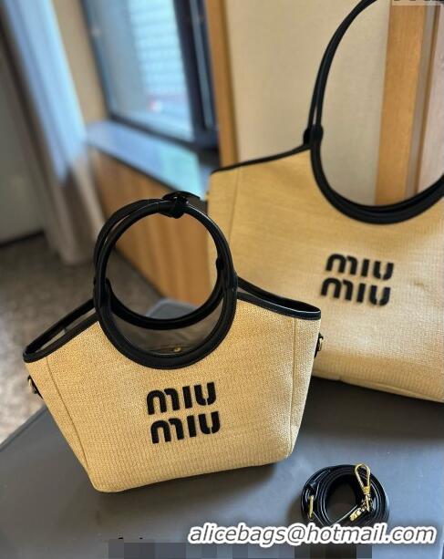 Famous Brand Miu Miu IVY Beige Straw Tote bag 0617 Black 2024