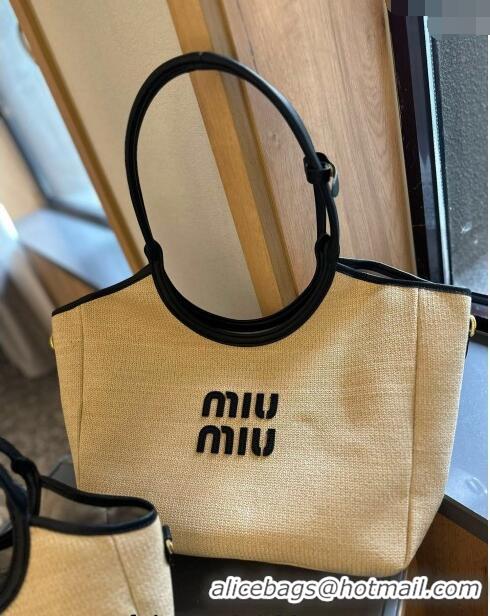 Famous Brand Miu Miu IVY Beige Straw Tote bag 0617 Black 2024