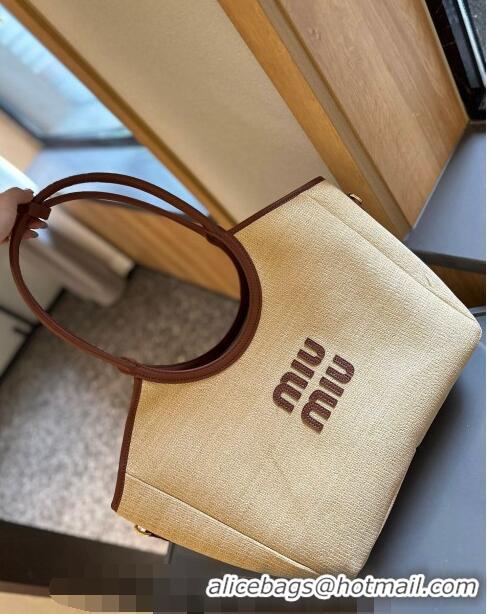 Luxury Discount Miu Miu IVY Beige Straw Tote bag 0617 Brown 2024