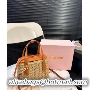 Luxury Discount Miu Miu Wicker Mini Basket bag 0618 Brown 2024