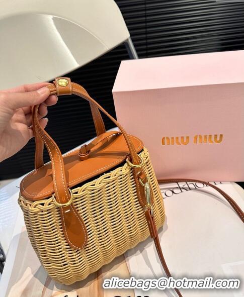 Luxury Discount Miu Miu Wicker Mini Basket bag 0618 Brown 2024