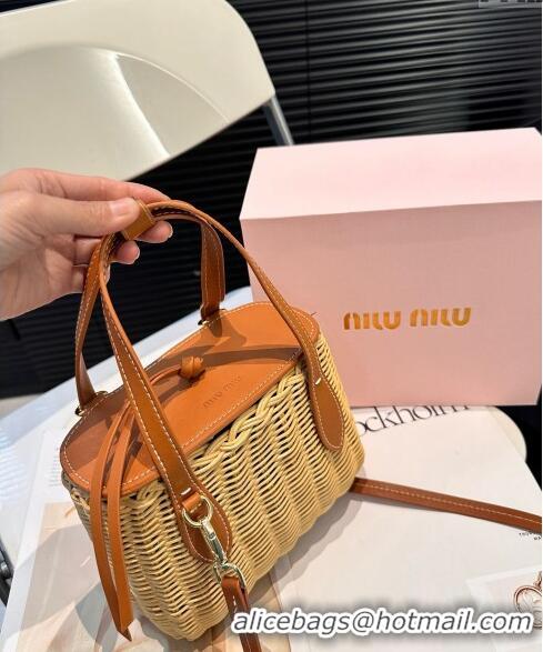 Luxury Discount Miu Miu Wicker Mini Basket bag 0618 Brown 2024