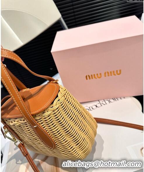 Luxury Discount Miu Miu Wicker Mini Basket bag 0618 Brown 2024