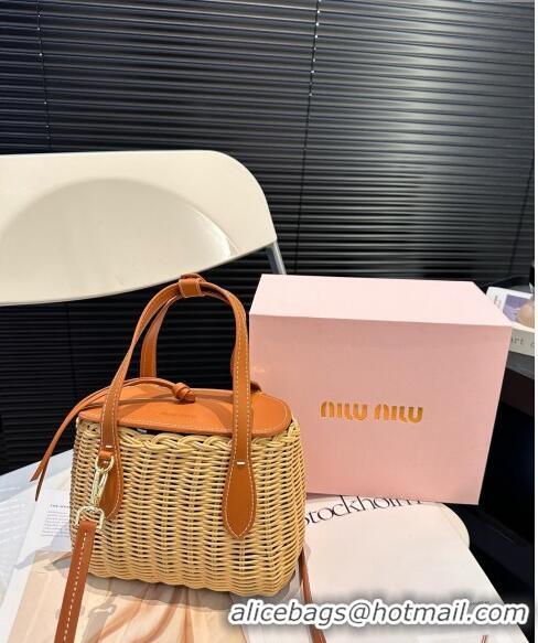 Luxury Discount Miu Miu Wicker Mini Basket bag 0618 Brown 2024