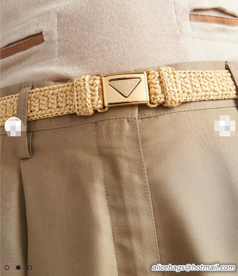 ​Grade Design Prada Triangle-buckle Raffia-effect Woven Belt PA8452 Beige