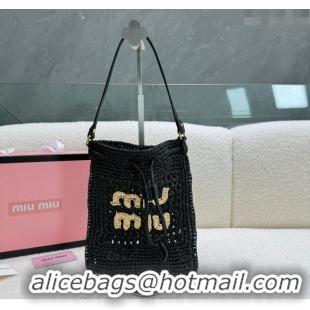 Grade Design Miu Miu Woven Straw Tote Mini Bag M0618 Black 2024