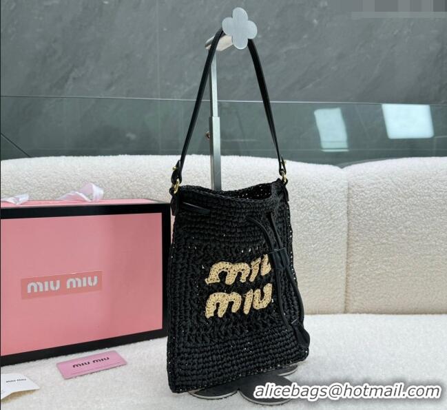 Grade Design Miu Miu Woven Straw Tote Mini Bag M0618 Black 2024