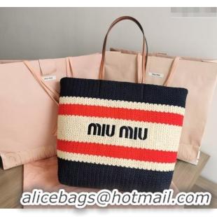 Popular Style Miu Miu Crochet Fabric Tote Bag 5BG228 Dark Blue 2024