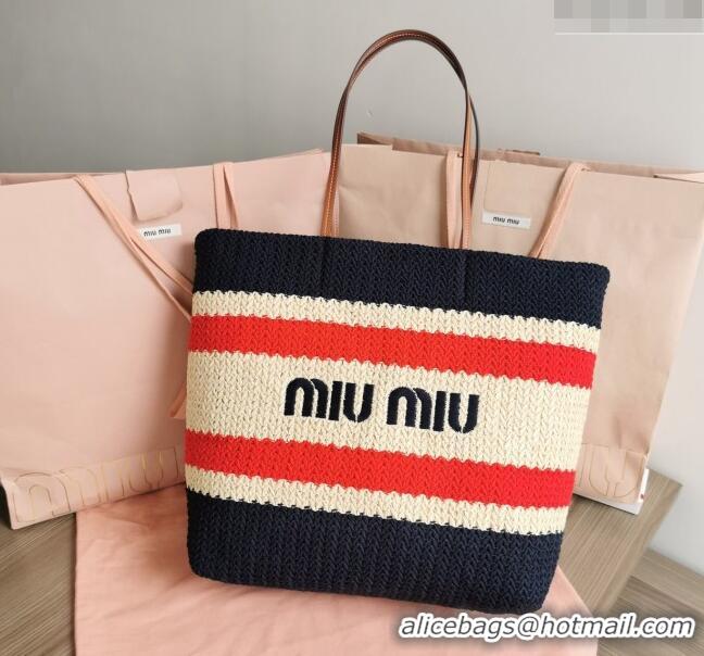 Popular Style Miu Miu Crochet Fabric Tote Bag 5BG228 Dark Blue 2024