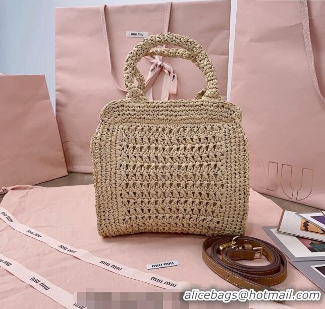 Buy Grade Miu Miu Raffia-effect crochet fabric mini tote bag 5BA283 Beige 2024