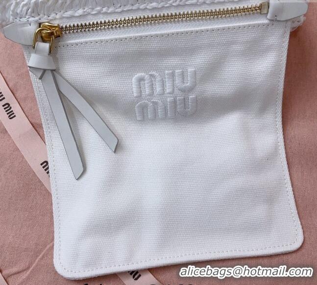 Top Quality Miu Miu Raffia-effect crochet fabric mini tote bag 5BA283 White 2024