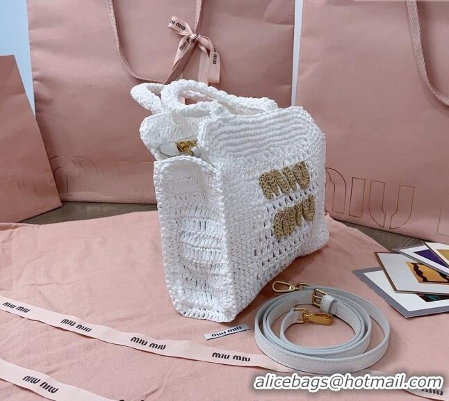 Top Quality Miu Miu Raffia-effect crochet fabric mini tote bag 5BA283 White 2024