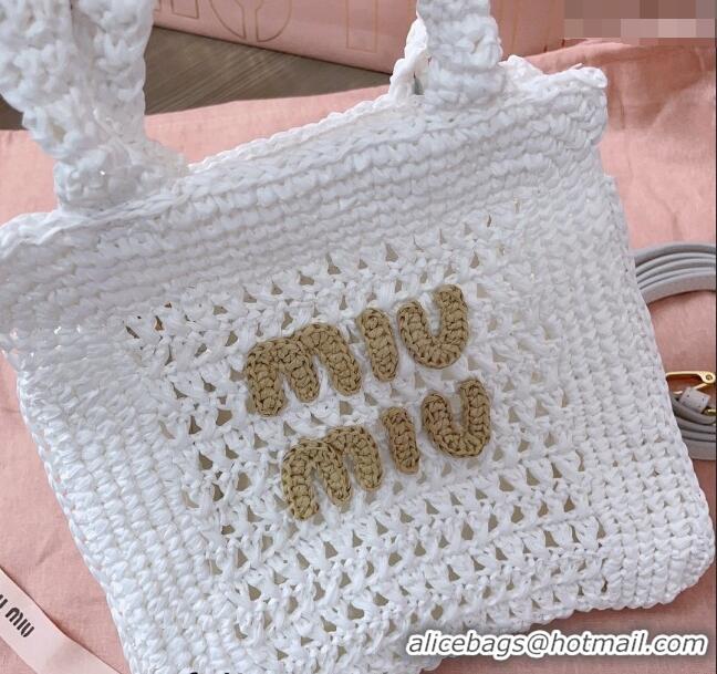 Top Quality Miu Miu Raffia-effect crochet fabric mini tote bag 5BA283 White 2024