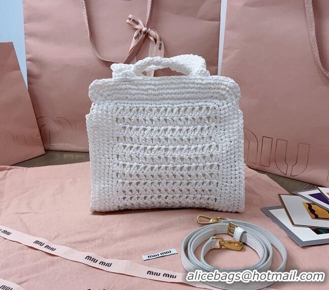 Top Quality Miu Miu Raffia-effect crochet fabric mini tote bag 5BA283 White 2024