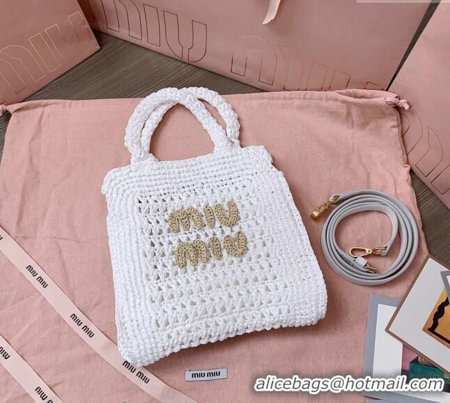 Top Quality Miu Miu Raffia-effect crochet fabric mini tote bag 5BA283 White 2024