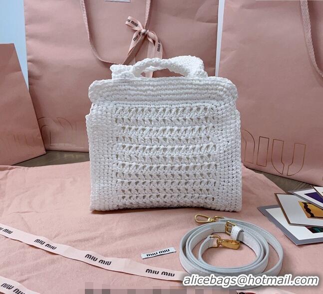 Top Quality Miu Miu Raffia-effect crochet fabric mini tote bag 5BA283 White 2024