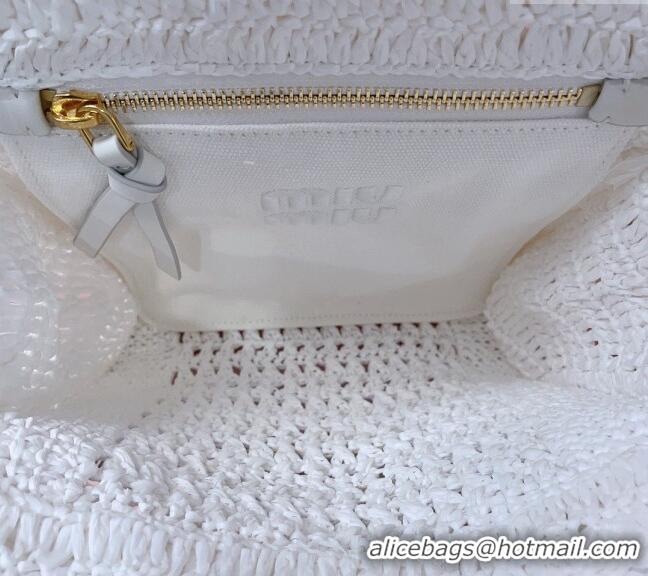 Top Quality Miu Miu Raffia-effect crochet fabric mini tote bag 5BA283 White 2024