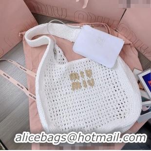 Luxurious Discount Miu Miu Woven fabric hobo bag 5BC116 White 2024