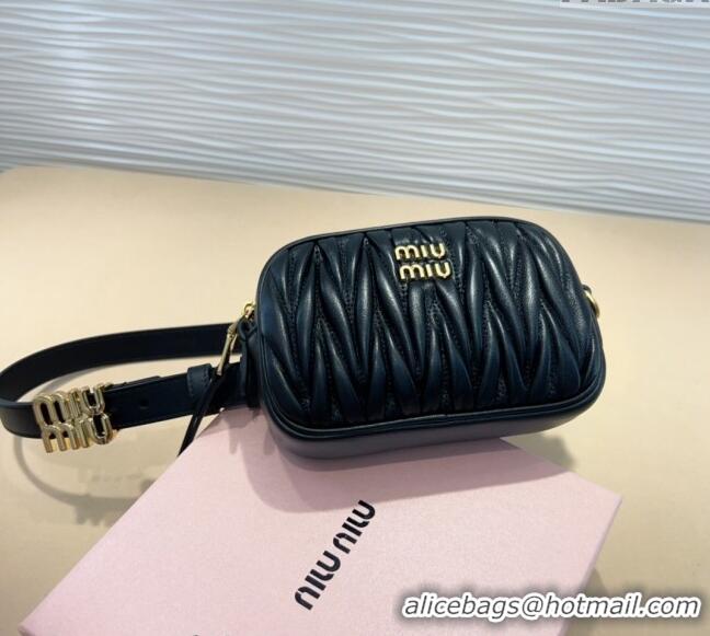 Original Cheap Miu Miu Matelasse Leather Pouch Belt 2cm with Logo Buckle 0708 Black 2024