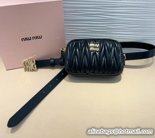 Original Cheap Miu Miu Matelasse Leather Pouch Belt 2cm with Logo Buckle 0708 Black 2024