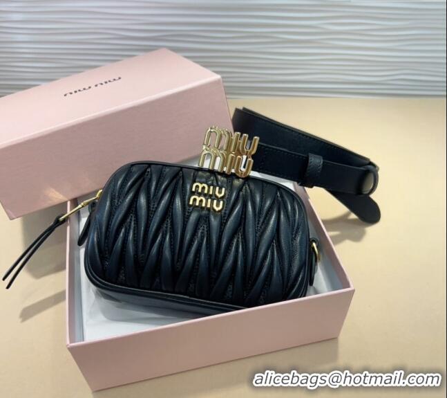 Original Cheap Miu Miu Matelasse Leather Pouch Belt 2cm with Logo Buckle 0708 Black 2024