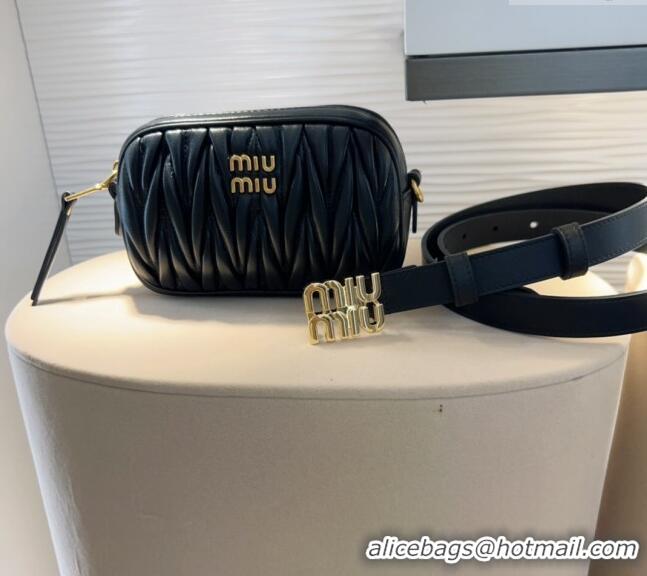 Original Cheap Miu Miu Matelasse Leather Pouch Belt 2cm with Logo Buckle 0708 Black 2024