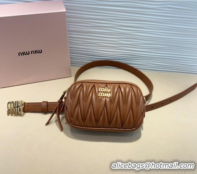 Luxurious Miu Miu Matelasse Leather Pouch Belt 2cm with Logo Buckle 0708 Brown 2024