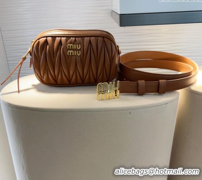 Luxurious Miu Miu Matelasse Leather Pouch Belt 2cm with Logo Buckle 0708 Brown 2024