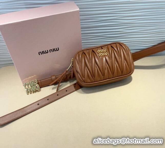 Luxurious Miu Miu Matelasse Leather Pouch Belt 2cm with Logo Buckle 0708 Brown 2024