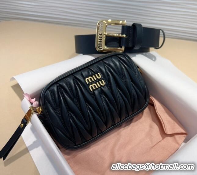 Good Looking Miu Miu Matelasse Leather Pouch Belt 3cm with Pin Buckle 0708 Black 2024