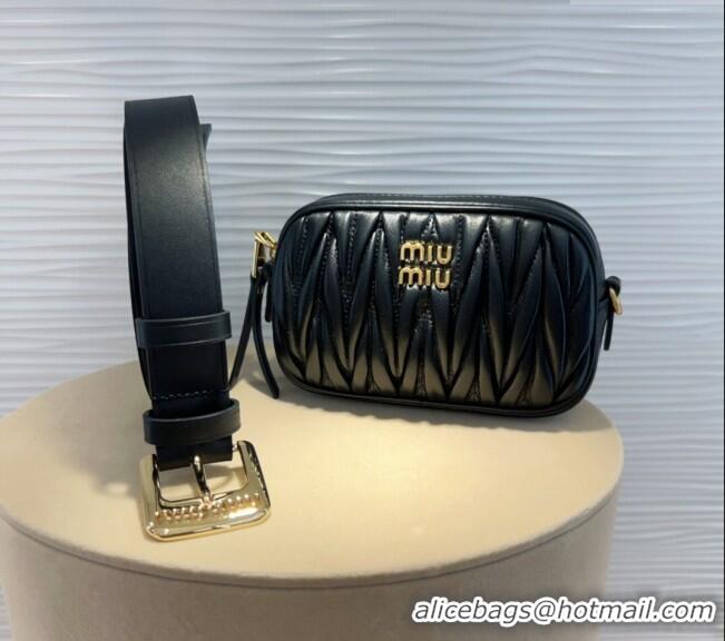 Good Looking Miu Miu Matelasse Leather Pouch Belt 3cm with Pin Buckle 0708 Black 2024