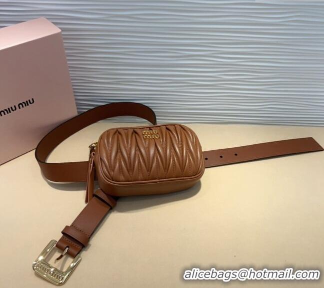 Good Taste Miu Miu Matelasse Leather Pouch Belt 3cm with Pin Buckle 0708 Brown 2024