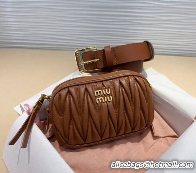 Good Taste Miu Miu Matelasse Leather Pouch Belt 3cm with Pin Buckle 0708 Brown 2024