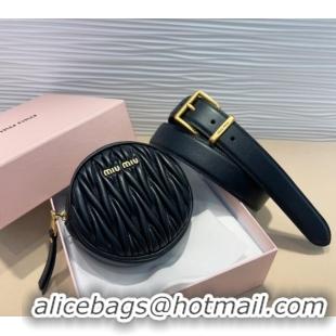 Good Taste Miu Miu Matelasse Leather Round Pouch Belt 3cm 0708 Black 2024