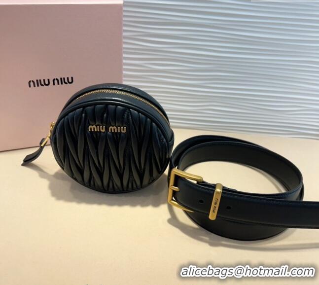 Good Taste Miu Miu Matelasse Leather Round Pouch Belt 3cm 0708 Black 2024