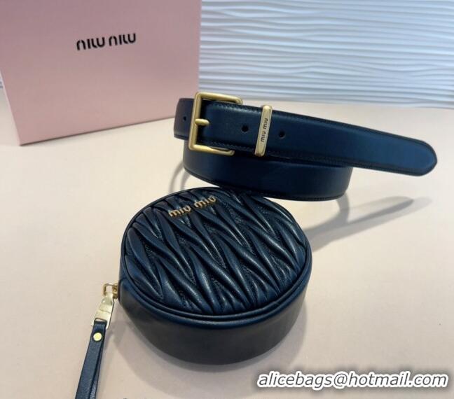 Good Taste Miu Miu Matelasse Leather Round Pouch Belt 3cm 0708 Black 2024