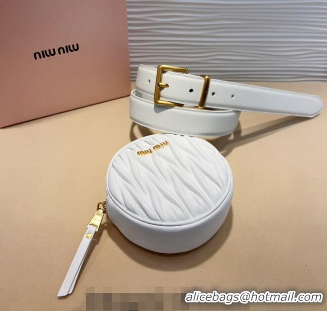 Modern Classic Miu Miu Matelasse Leather Round Pouch Belt 3cm 0708 White 2024