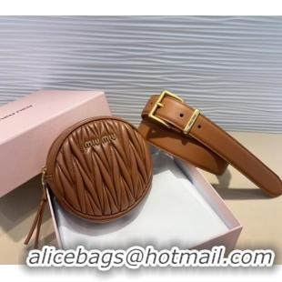 Good Looking Miu Miu Matelasse Leather Round Pouch Belt 3cm 0708 Brown 2024