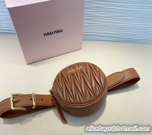 Good Looking Miu Miu Matelasse Leather Round Pouch Belt 3cm 0708 Brown 2024