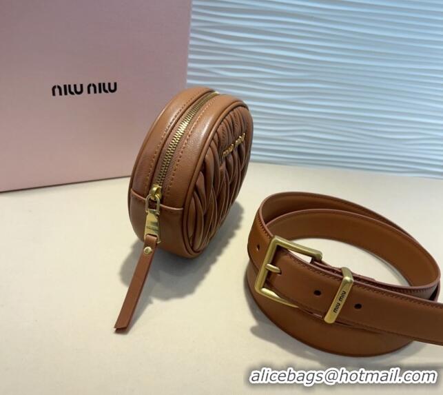 Good Looking Miu Miu Matelasse Leather Round Pouch Belt 3cm 0708 Brown 2024