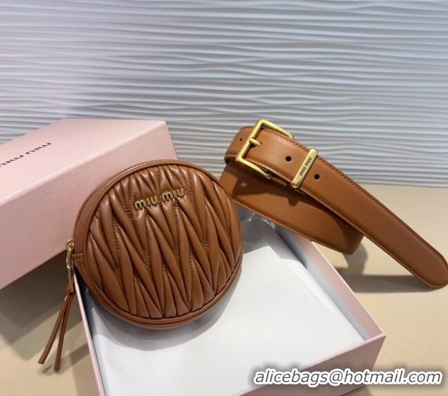 Good Looking Miu Miu Matelasse Leather Round Pouch Belt 3cm 0708 Brown 2024