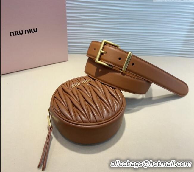 Good Looking Miu Miu Matelasse Leather Round Pouch Belt 3cm 0708 Brown 2024