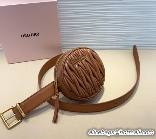 Good Looking Miu Miu Matelasse Leather Round Pouch Belt 3cm 0708 Brown 2024