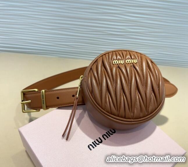 Good Looking Miu Miu Matelasse Leather Round Pouch Belt 3cm 0708 Brown 2024